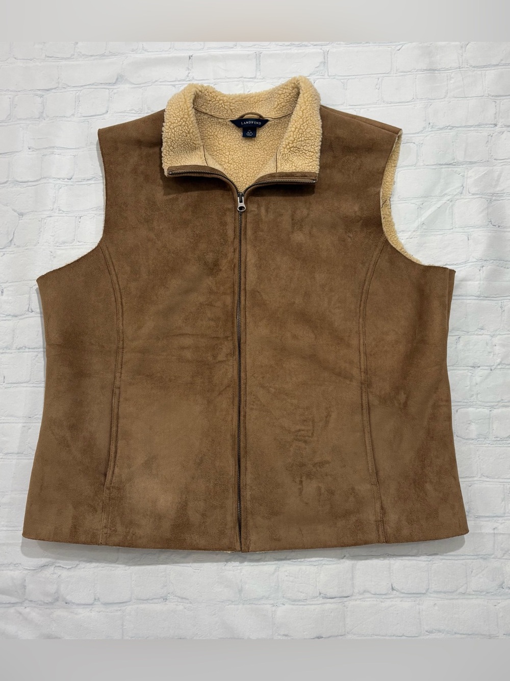 Lands End Women’s XL 18-20 Brown Faux Suede Sherpa Lined Zip Vest Winter Warm